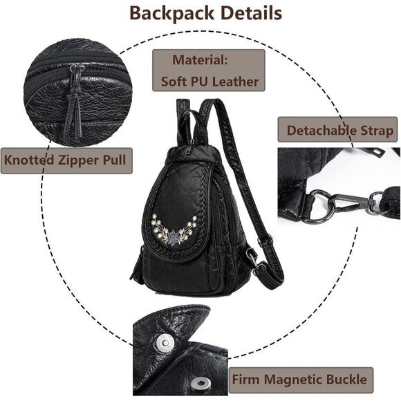 Women Soft Washed PU Black Leather Mini Waterproof Stylish Daypack Shoulder Bag - Picture 6 of 7